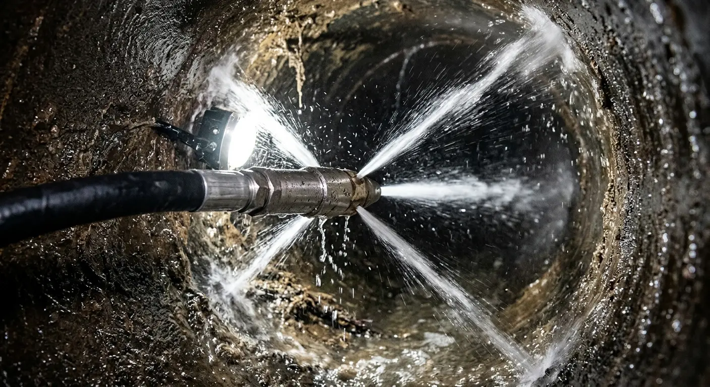 High-pressure hydro jetting nozzle cleaning sewer pipe for Emergency Drain Service in Thetford