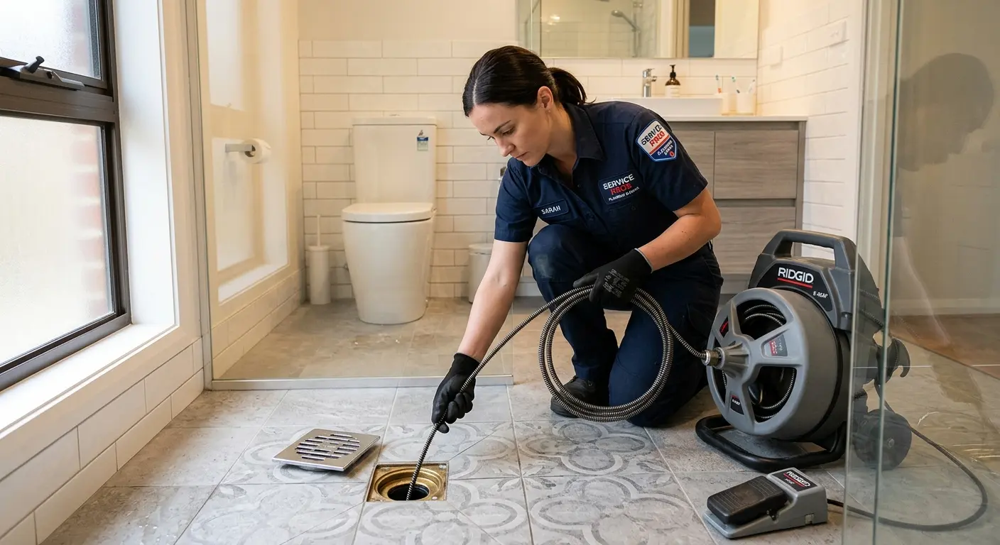 Technician clearing a bathroom floor drain for Sewer Line Replacement in Thetford
